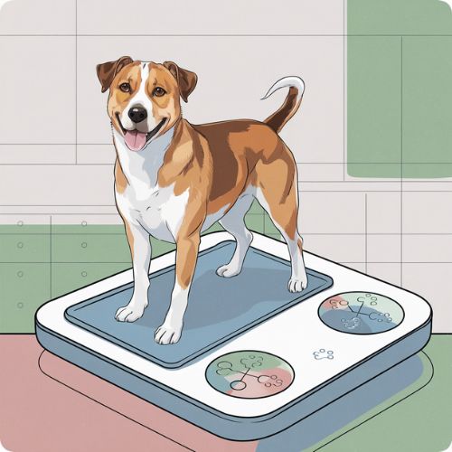 Dog standing on a vet scale with a happy expression