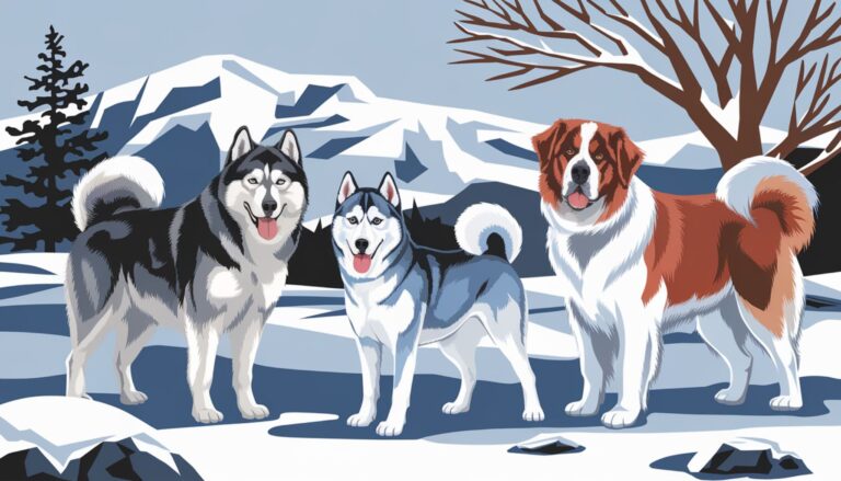 Illustration of various cold weather dog breeds in a snowy landscape